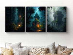 drie canvas schilderijen van een jungle tempel boven een bank