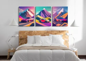 canvas schilderijen boven een bed witte achtergrond