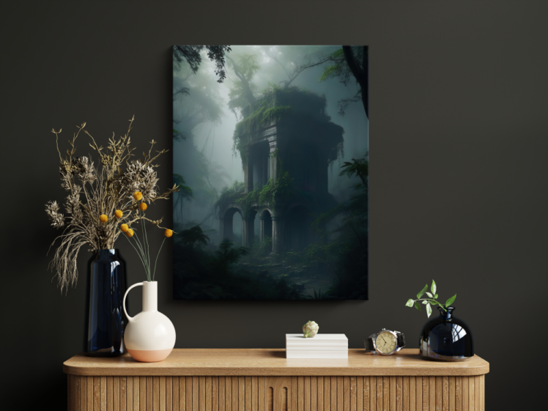 canvas schilderij boven een kastje van een jungle temple